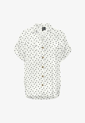 Wit shirt met korte mouwen, marineblauwe stippen, twee borstzakken en gouden knopen. Zachte stof met een losse pasvorm en een afgeronde zoom.