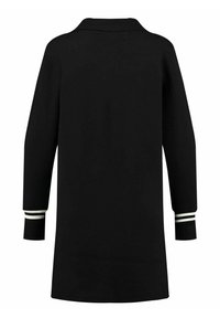 Abito in maglia nera con colletto, maniche lunghe e polsi a righe bianchi. Texture liscia, silhouette dritta senza motivi visibili.