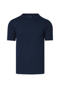 Granatowa koszulka z krótkim rękawem, wykonana z miękkiej bawełny, z okrągłym dekoltem i gładką fakturą, bez widocznych wzorów czy akcentów.