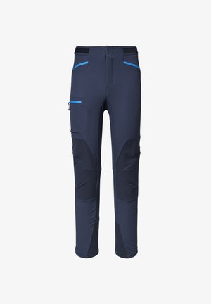 Navy softshell pants with contrasting blue accents, two side pockets, stretch fabric, and reinforced sections at knees for durability.