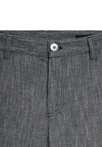Gray herringbone-patterned trousers with a flat front, button closure, and belt loops; fabric appears textured and woven.