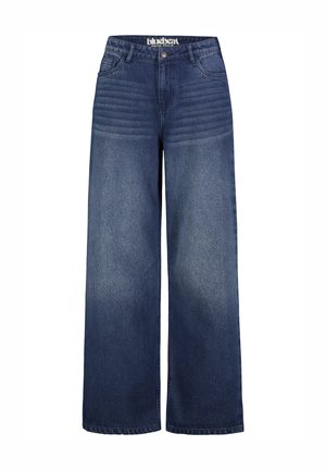 Blue wide-leg denim jeans with faded areas, front and back pockets, button closure, and belt loops.