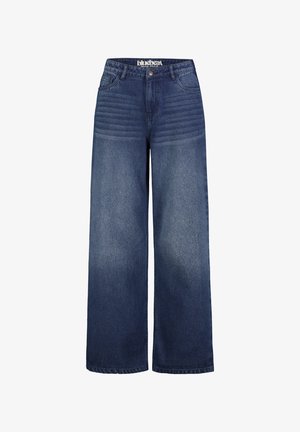 Blue wide-leg denim jeans with faded areas, front and back pockets, button closure, and belt loops.