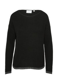 Schwarzer gestrickter Pullover mit weitem Ausschnitt, langen Ärmeln und einem Saum mit silbernen Akzenten. Verfügt über ein strukturiertes Rippendesign.