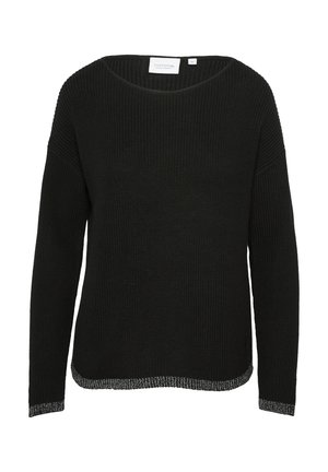 Czarny dzianinowy sweter z szerokim dekoltem, długimi rękawami i srebrnymi akcentami na dolnym zakończeniu. Charakteryzuje się teksturowanym, prążkowanym wzorem.