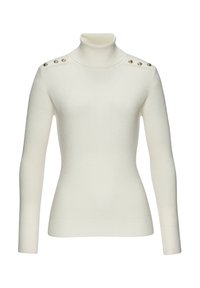 Weißer, gerippter Rollkragenpullover mit langen Ärmeln und vier metallischen Knöpfen an jeder Schulter. Weicher Textur, taillierte Passform.