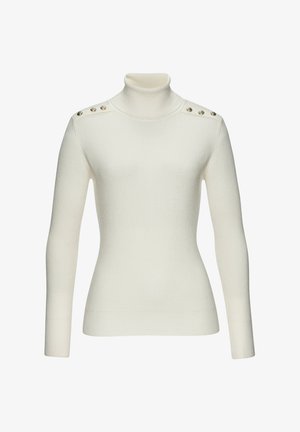 White ribbed turtleneck sweater with long sleeves and four metallic buttons on each shoulder. Soft texture, fitted design.