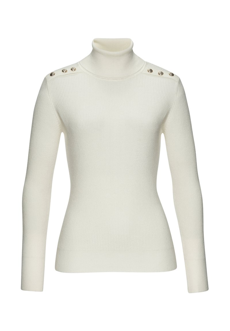 Weißer, gerippter Rollkragenpullover mit langen Ärmeln und vier metallischen Knöpfen an jeder Schulter. Weicher Textur, taillierte Passform.
