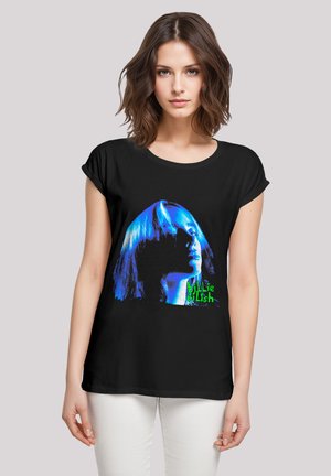 Black cotton t-shirt featuring a blue and green graphic of a profile face, with short sleeves and a loose fit design.