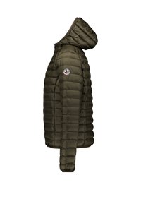 Olivgrüne, gesteppt gepolsterte Jacke mit Kapuze, seitlichen Reißverschlusstaschen und rundem Logopatch am linken Ärmel.