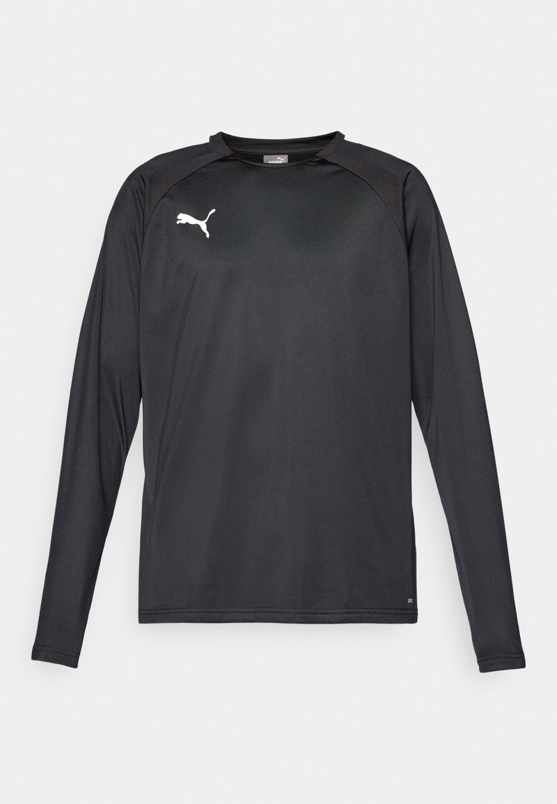 Zwart sportshirt met lange mouwen, gemaakt van lichtgewicht stof, met een ronde hals en een wit logo op de linkerborst. Glad van structuur.