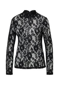 Haut en dentelle noire à manches longues présentant des motifs floraux, un col montant et une finition texturée. Le design est semi-transparent avec une silhouette ajustée.