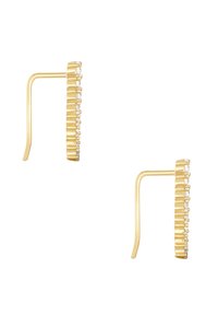 Kuldtooni kõrvarõngad, millel on lineaarne disain ja väikesed selged rhinestone'id, mis on korraldatud vahelduvas mustris ühe külje ulatuses.