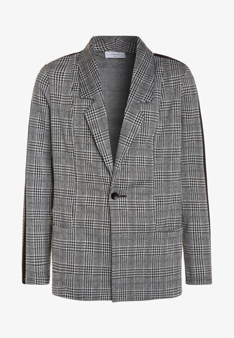 Blazer pour homme en tartan gris moyen avec revers crantés, fermeture à un bouton noir, et bandes de finition noires sur les manches.