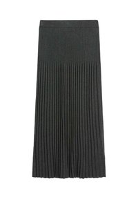 Grauer, plissierter Midirock aus weichem, dehnbarem Material. Verfügt über einen breiten, elastischen Taillenbund und eine vertikale Rippstruktur.