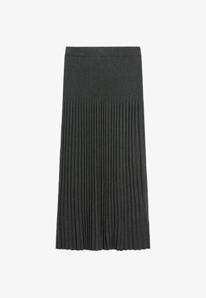 Szara spódnica midi z fałdami, wykonana z miękkiego, elastycznego materiału. Posiada szeroki, elastyczny pas oraz pionową teksturę w prążki na całej powierzchni.