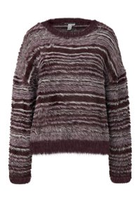 Flauschiger, leichter Pullover in burgunderfarbenen und grauen Farbtönen, mit horizontalen Streifen, langen Ärmeln und einem Rundhalsausschnitt.