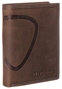 Rjav usnjeni denarnica v obliki bi-fold z embosiranim ukrivljenim dizajnom in logotipom "strellson", ki se ponaša z vidnimi šivi ob robovih.