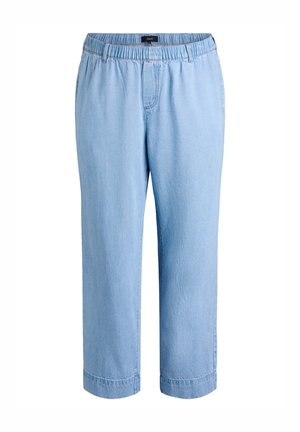 Gaiši zili īsā garuma bikses ar elastīgu jostasvietu, ar brīvu piegriezumu un gludu džinsa tekstūru. Redzamas nav sānu kabatas.