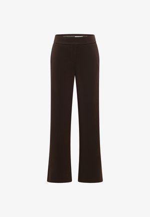 Pantalones marrones de pierna ancha, hechos de una tela elástica con una textura suave, que cuentan con una cinturilla elástica y sin cierres visibles.