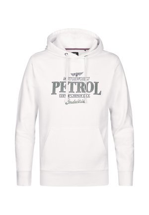 White hooded sweatshirt with front pocket and text "Motorworks Petrol Custom Repair U.S.A. Industrie" in grey and black font on chest.