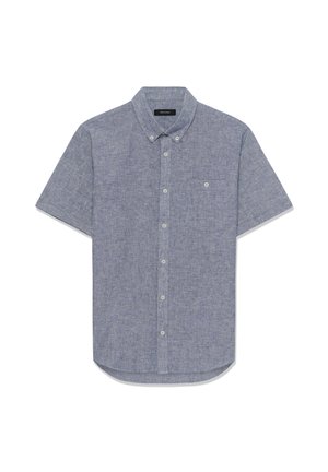 Chemise à manches courtes en chambray bleu clair avec une poche poitrine et un col à boutons.