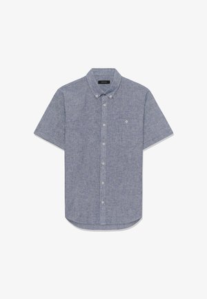 Chemise à manches courtes en chambray bleu clair avec une poche poitrine et un col à boutons.