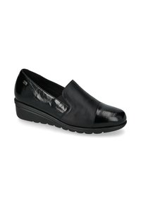 Scarpa nera slip-on con tomaia in pelle liscia, punta lucida e tacco a zeppa modesto. Presenta cuciture sottili e un bordo testurizzato.
