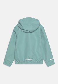 Light teal windbreaker jacket with a hood, elastic cuffs, and hem. Features reflective accents and a smooth, slightly shiny fabric texture.