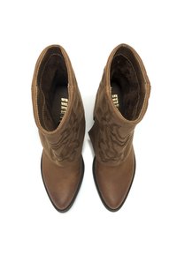 Bottines en cuir marron avec un bout pointu, présentant une couture décorative sur les côtés et une texture lisse. Talon bas empilé.