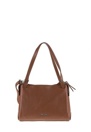 Borsa a tracolla in pelle marrone con texture liscia, forma rettangolare, doppi manici e nappe decorative laterali. Logo in argento sul fronte.