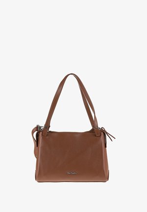 Borsa a tracolla in pelle marrone con texture liscia, forma rettangolare, doppi manici e nappe decorative laterali. Logo in argento sul fronte.