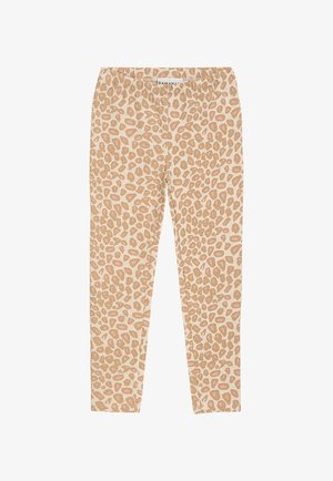 Braune und rosa Leopardenmuster-Leggings in Tan, mit elastischem Bund für Komfort und einer körpernahen Passform.