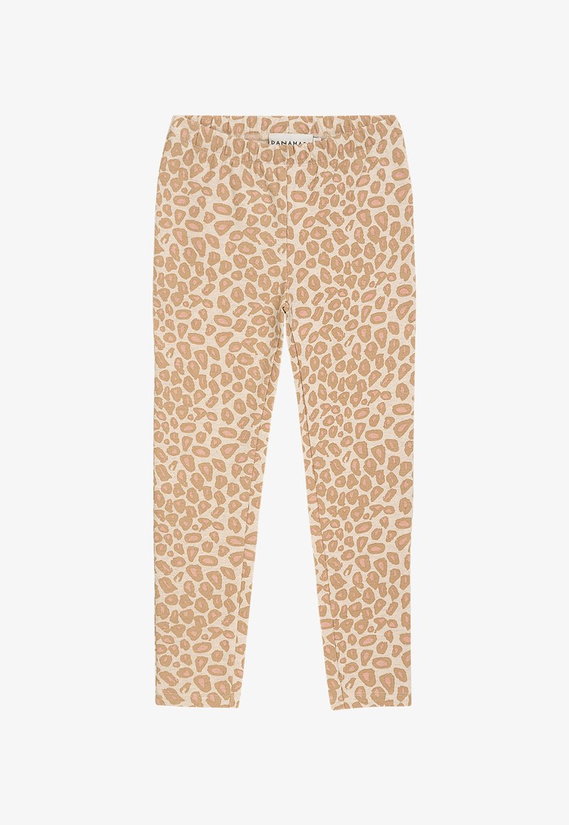 Braune und rosa Leopardenmuster-Leggings in Tan, mit elastischem Bund für Komfort und einer körpernahen Passform.