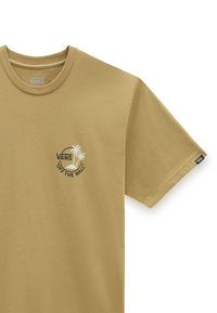 Khaki T-shirt met korte mouwen van katoen, voorzien van een witte "VANS Off the Wall" logo met palmboom graphic op de linkerkant van de borst.