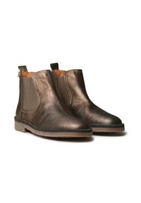 Bronzefarbene Leder-Ankle-Boots mit elastischen Seitenpaneelen, runder Zehenpartie und einer niedrigen Gummisohle, ausgestattet mit einem gestickten Design und einer Zuglasche.