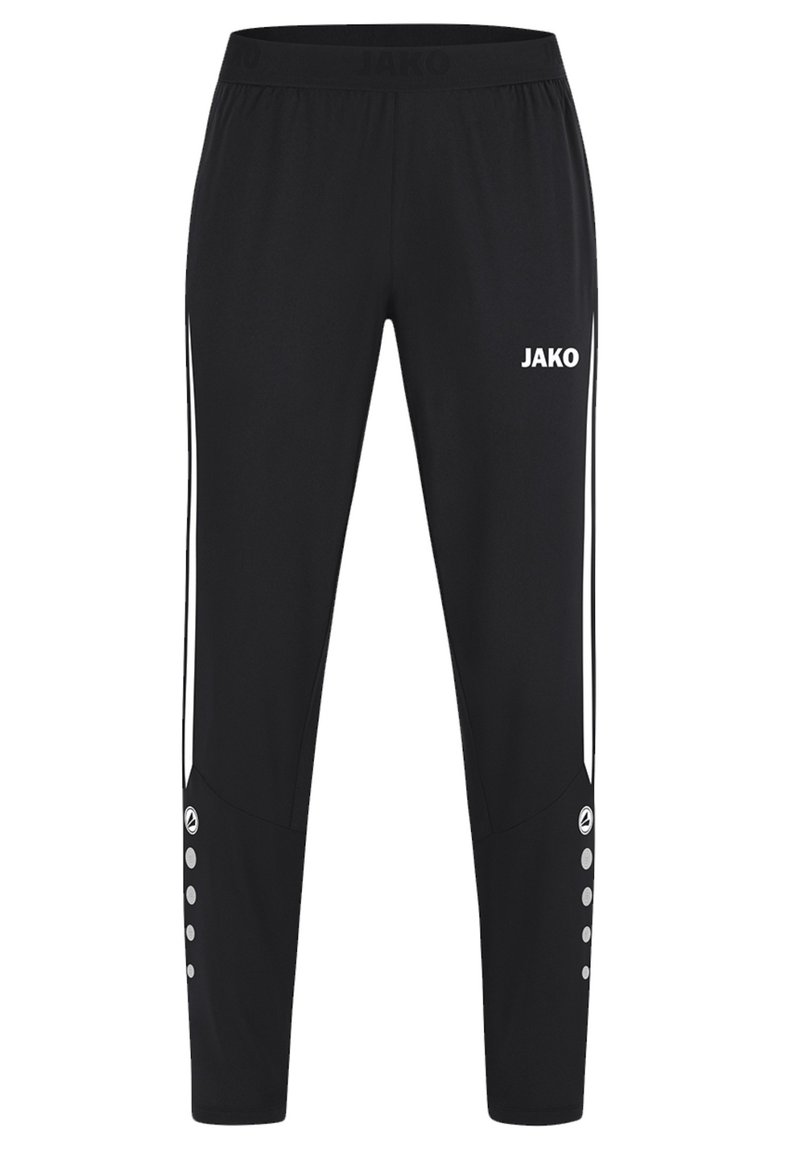 Schwarze Sporthosen mit einem dehnbaren Bund, weißen Seitenstreifen und Druckknöpfen an den Knöcheln. Mit dem weißen "JAKO"-Logo.