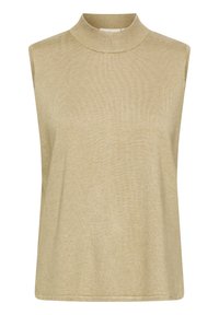 Beige mouwloze top met een hoge opstaande kraag, gemaakt van zacht breiwerk, met een relaxte pasvorm en een gladde textuur. Eenvoudig ontwerp zonder patronen.