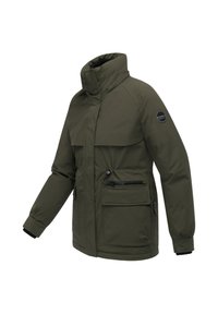 Olive green insulated jacket with high collar, front pockets, and zippered detail. Features a logo patch on the sleeve. Classic fit.