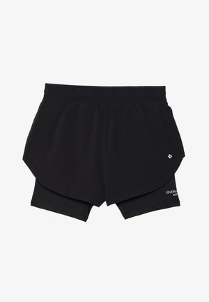 Juodi sportiniai šortai su vidiniais šortais, elastinga juosmeniu, šoninėmis kišenėmis ir logotipo detale. Lygus, lengvas audinys.