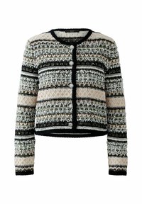 Gebreide cardigan met een multikleurpatroon in zwart, groen, roze en zilver. Gedetailleerd met textuurelementen en ronde zilveren knopen.