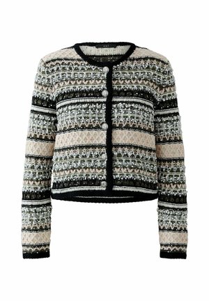 Strickjacke mit einem mehrfarbigen Muster in Schwarz, Grün, Pink und Silber. Verziert mit strukturierten Akzenten und runden Silberknöpfen.