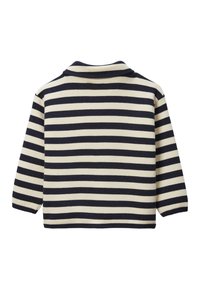 Pull-over rayé avec des rayures horizontales bleu marine et crème, doté d'une texture douce, d'un col et de manches larges.