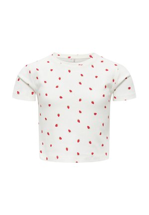 Top corto bianco a costine con un motivo di fragole sparse in rosso e verde. Maniche corte e design a colletto rotondo.