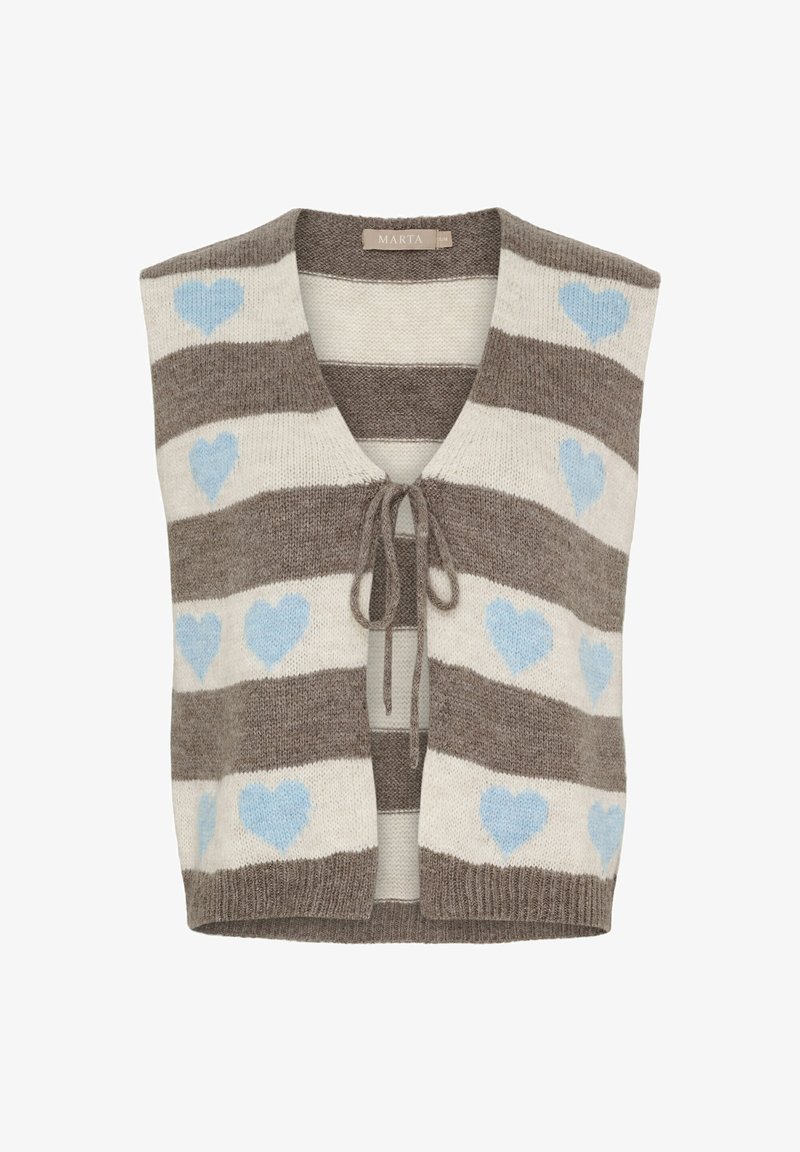 Strikket ærmeløs vest med beige og brune vandrette striber, blå hjerte mønstre, V-hals og frontlukning med bånd.
