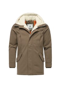 Braune Jacke mit einer plüschigen, cremefarbenen, fleecegefütterten Kapuze, Reißverschluss und zwei vorderen Taschen mit Druckknöpfen. Das Innenfutter ist orange.