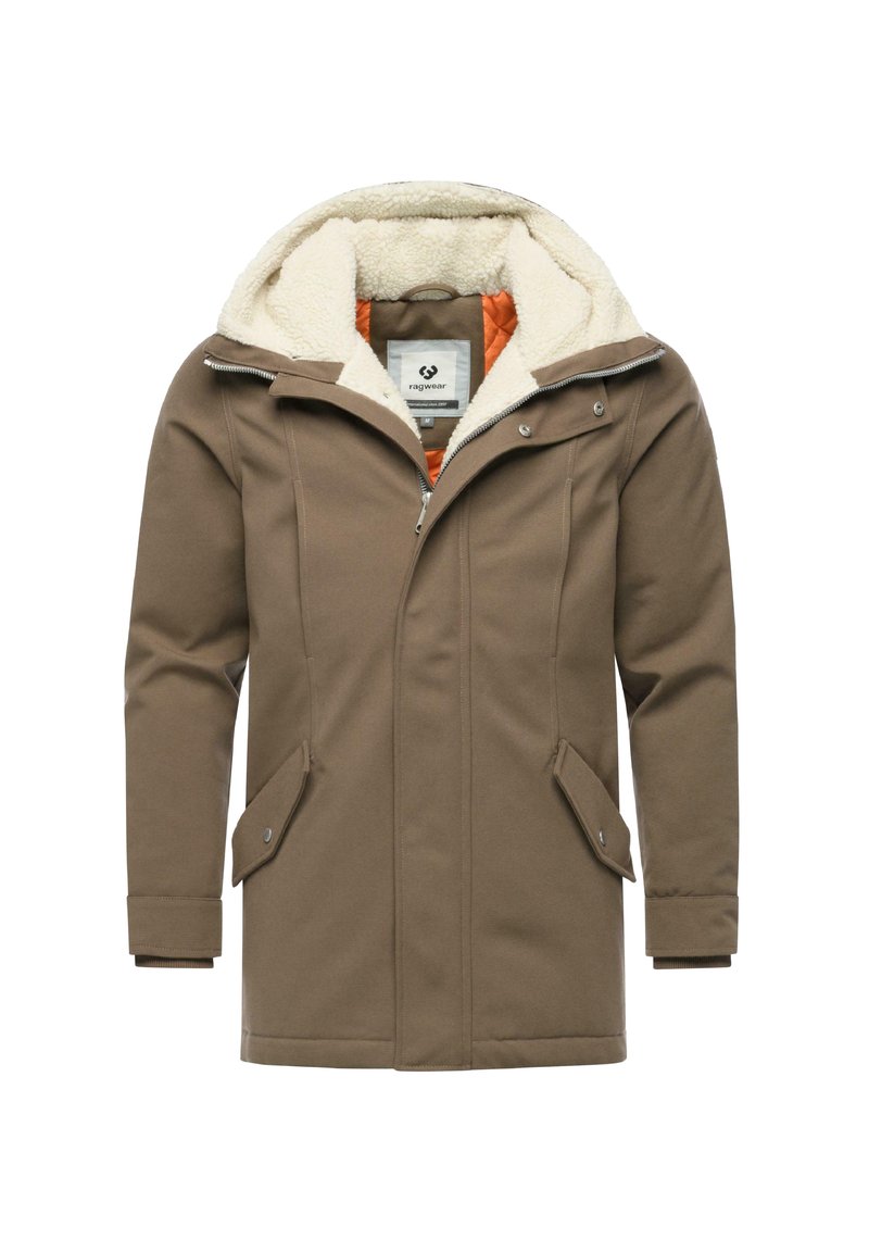 Braune Jacke mit einer plüschigen, cremefarbenen, fleecegefütterten Kapuze, Reißverschluss und zwei vorderen Taschen mit Druckknöpfen. Das Innenfutter ist orange.