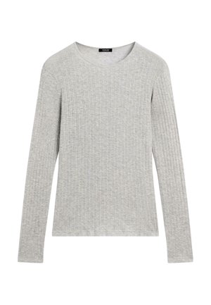 Grauer, langärmeliger Pullover mit strukturiertem Rippdesign, rundem Ausschnitt und seitlichen Schlitzen am Saum. Weicher Strickstoff mit dezenten Details.