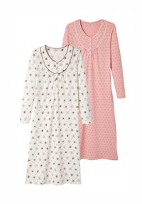 Due duegno lungo: uno bianco con stampa floreale e accenti rosa, l'altro rosa uniforme con un piccolo motivo. Tessuto morbido, scollature rotonde.