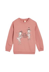 Sudadera rosa con gráficos de bailarinas, mangas largas, puños y dobladillo acanalados, con diseño de texto. Textura suave, ajuste casual.